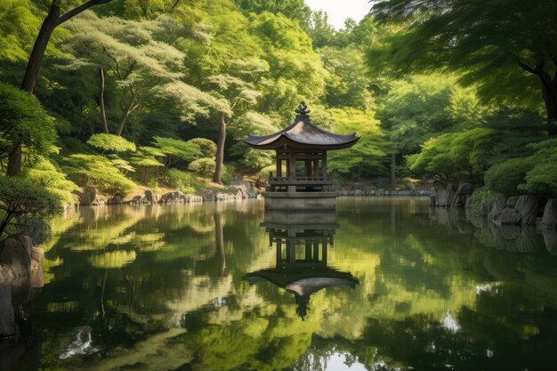 Étang serein avec reflet de pagode japonaise entourée par la nature créée avec ai générative