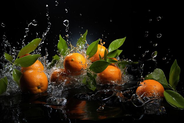 Tangerines oranges dans des éclaboussures d'eau sur un fond sombre IA générative