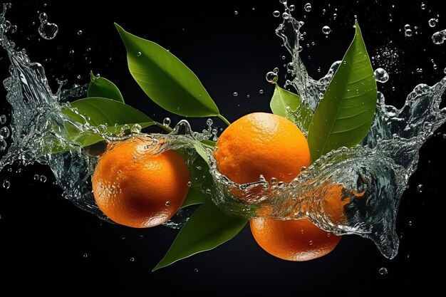 Tangerines oranges dans des éclaboussures d'eau sur un fond sombre IA générative