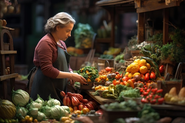 La tante choisit des légumes frais au marché aux légumes.