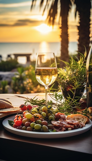 Tapas et apéritifs assortis canapes sur la tableLa lumière sombre du coucher du soleil et l'atmosphère romantique ont été générées