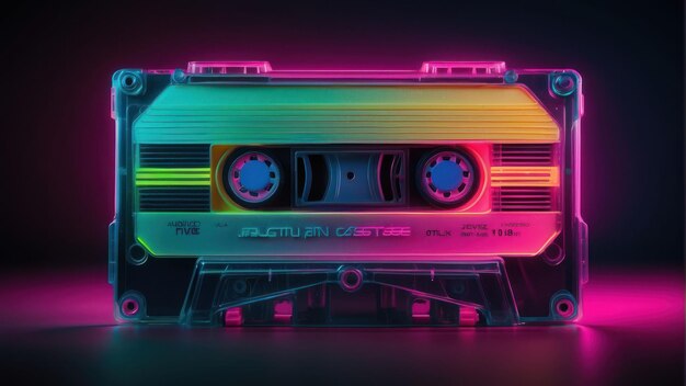 Photo tape de cassette rétro éclairée au néon avec un fond sombre et vibrant