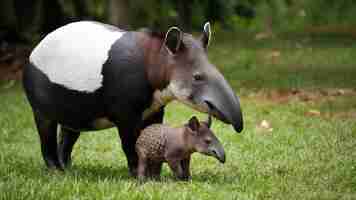 Photo tapir malais avec bébé dans l'habitat naturel