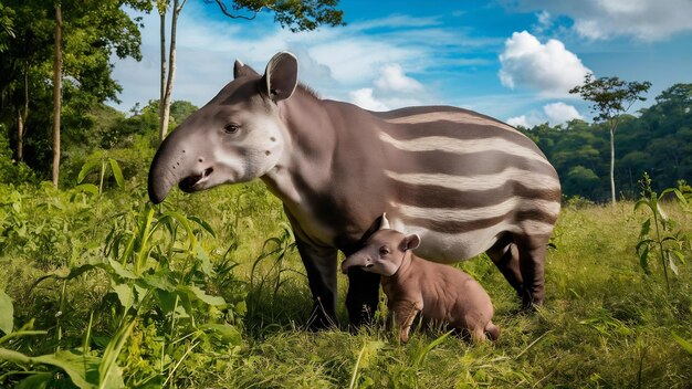 Photo tapir malais avec bébé dans l'habitat naturel