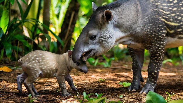 Photo tapir malais avec bébé dans l'habitat naturel