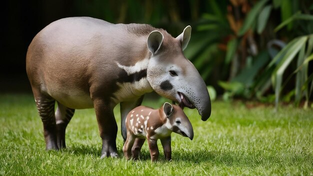 Photo tapir malais avec bébé dans l'habitat naturel