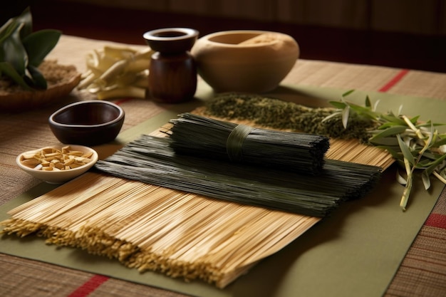 Un tapis de bambou avec des feuilles de riz nori et des garnitures prêtes à rouler