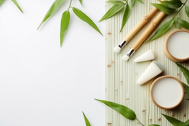 Photo tapis de bambou avec pot de santé à l'huile essentielle et feuilles de bambou vertes ai généré