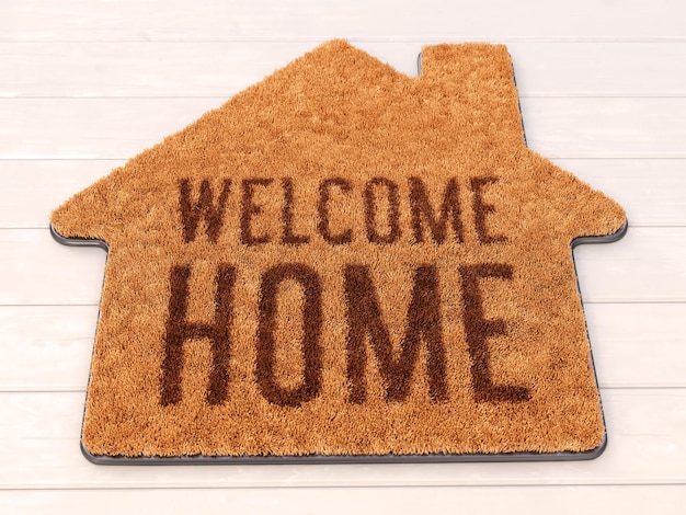 Tapis de bienvenue en forme de maison sur plancher en bois