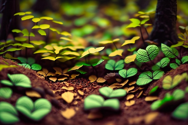 Un tapis de feuilles vertes couvrant le sol de la forêt sous les arbres imposants