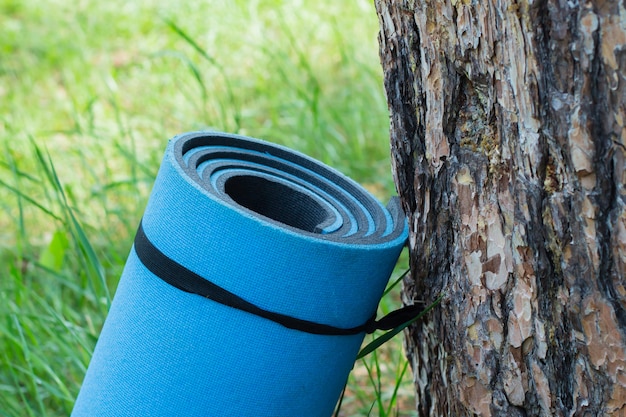 Tapis de gymnastique ou tapis sur l&#39;herbe à l&#39;extérieur près de l&#39;arbre. Tapis de yoga bleu