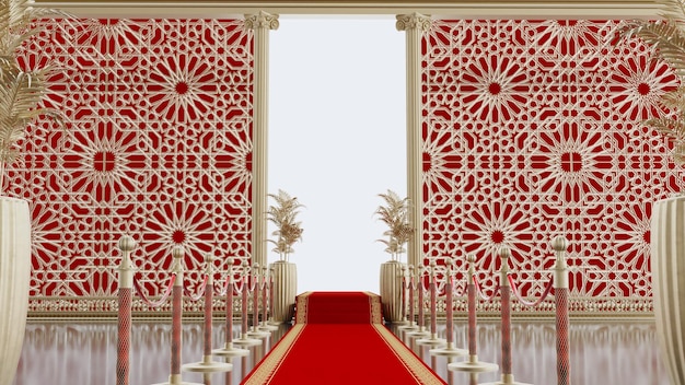 tapis de luxe rouge avec des barrières dorées menant à un arrière-plan arabesque