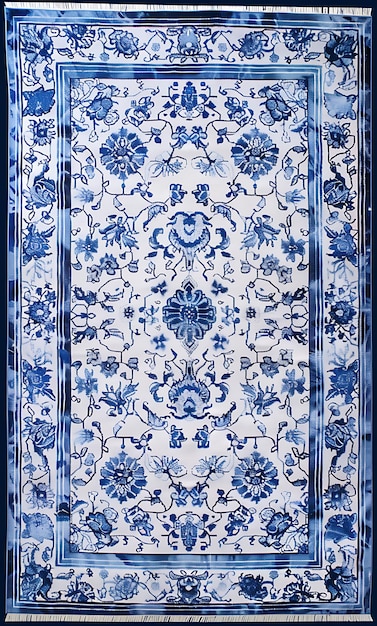 Photo un tapis à motifs bleus et blancs avec un dessin d'oiseau à gauche