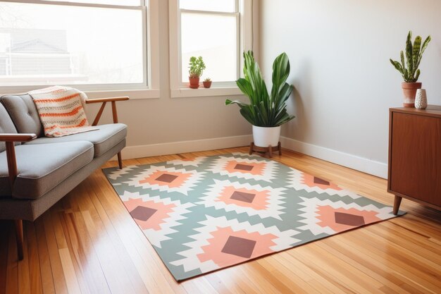 Tapis à motifs géométriques simples sur plancher en bois