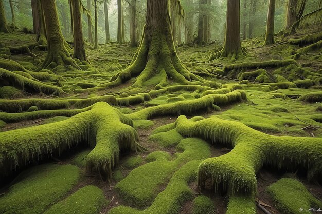 Un tapis de mousse délicate adoucit le sol de la forêt sous d'anciens arbres.