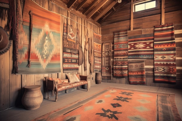 Tapis navajo vintage accroché à un mur en bois rustique créé avec une IA générative
