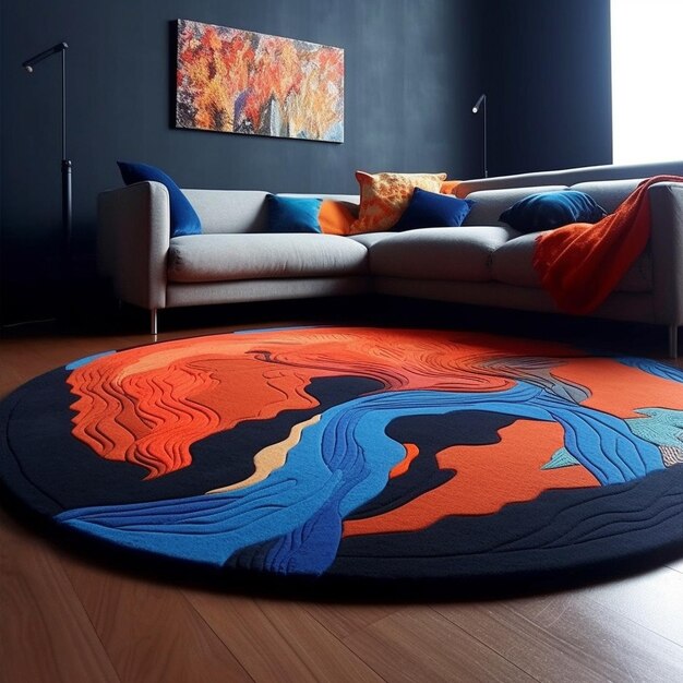 un tapis avec une peinture dessus et une peinture sur le mur