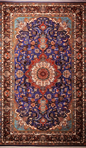 Tapis persan de couleur violet rouge avec motif antique sur la vue de dessus du sol