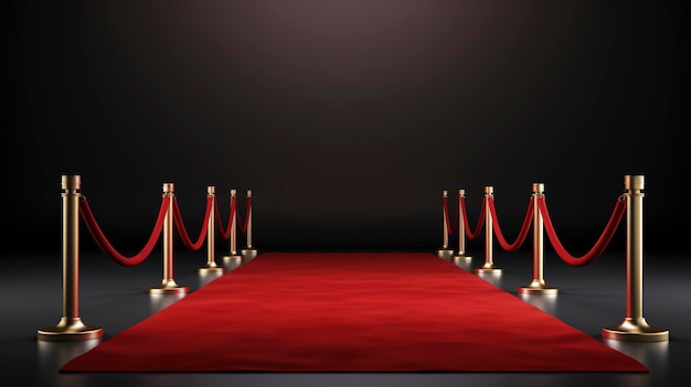 Photo tapis rouge et barrière dorée isolés sur fond noir