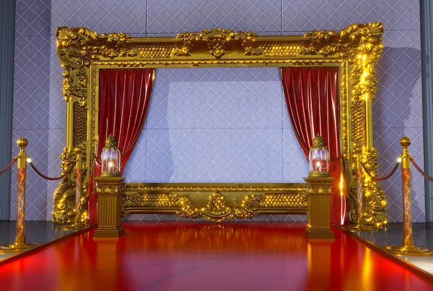tapis rouge avec des barrières dorées menant à un cadre doré et deux lanternes 3D