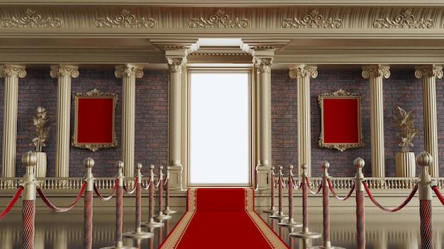 Tapis rouge avec barrières menant à une entrée brillante avec rendu 3D de pilier de colonnes d'or