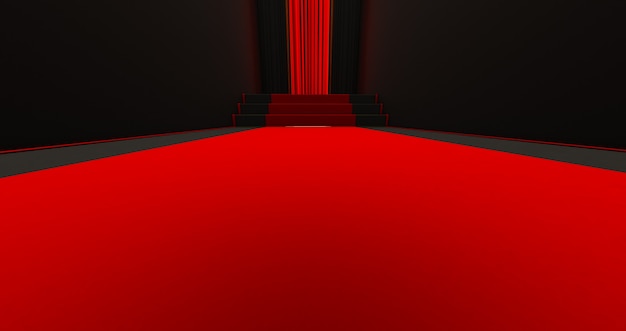 Tapis rouge dans les escaliers sur un fond sombre, le chemin de la gloire, rendu 3D