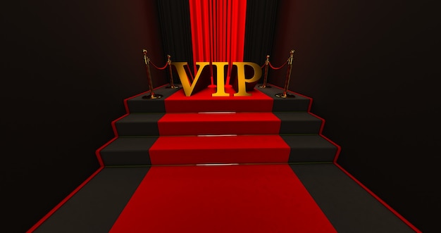 Tapis rouge dans les escaliers sur un fond sombre avec mot VIP d'or, le chemin de la gloire, rendu 3D