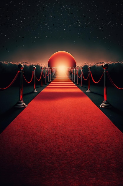 Tapis rouge menant à la porte rouge la nuit. Rendu 3D