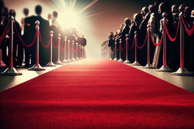 Un tapis rouge menant à une première de film avec des paparazzi et des fans en arrière-plan