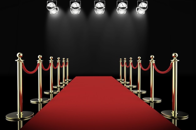 Tapis rouge de rendu 3d et barrière de corde avec des projecteurs brillants