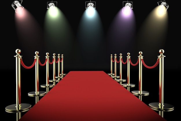 Photo tapis rouge de rendu 3d et barrière de corde avec des projecteurs brillants