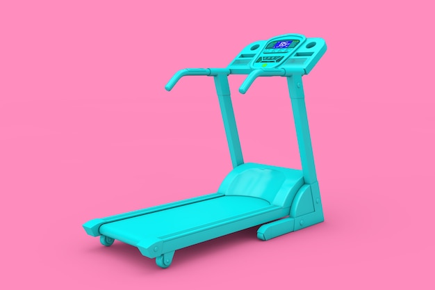 Tapis roulant bleu Fitness Run Machine en style Duotone sur fond rose. Rendu 3D