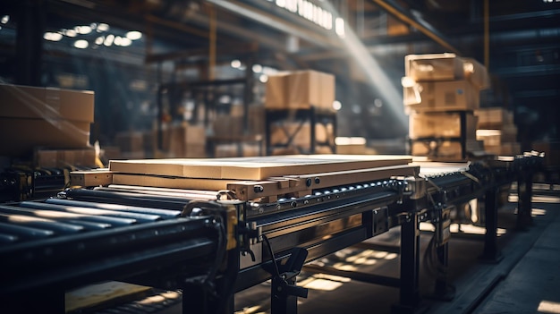 Un tapis roulant dans l'usine avec des boîtes