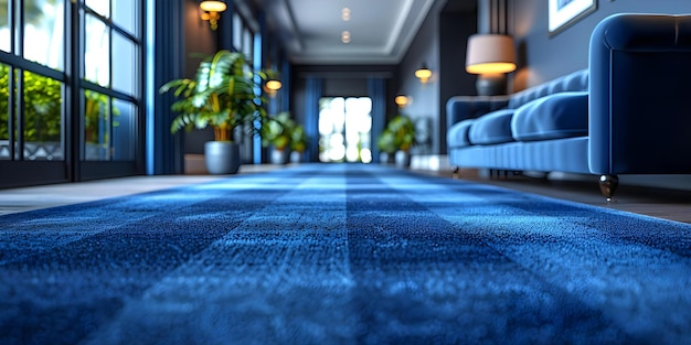 Tapis de tartan bleu élégant avec un design moderne parfait pour les étages de bureaux ou d'hôtels Concept de planchers commerciaux Rénovation de bureaux de style moderne Intérieur d'hôtel Tapis de tartan bleu