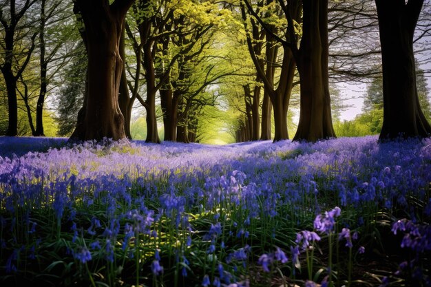 un tapis violet de fleurs dans une forêt avec des arbres en arrière-plan.