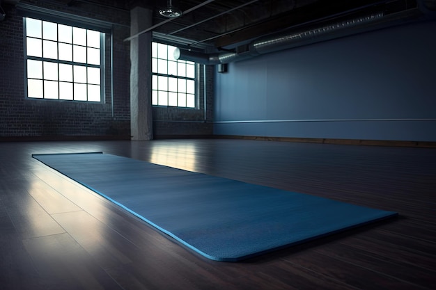 Un tapis de yoga bleu dans une pièce sombre avec une fenêtre qui dit "yoga" dessus.