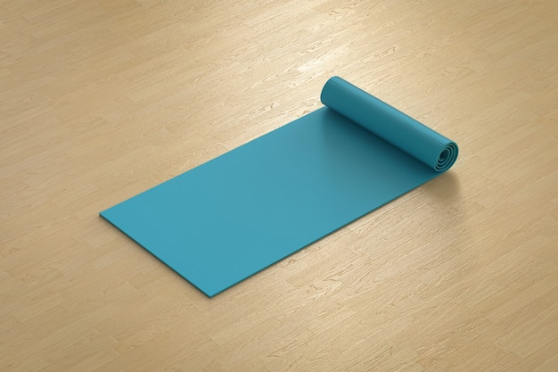 Tapis de yoga bleu rendu 3D sur le sol