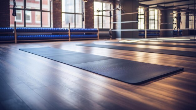 Photo tapis de yoga déroulé sur sol en bois dans un centre de remise en forme moderne ou à la maison avec de grandes fenêtres généré par l'ia du réseau neuronal