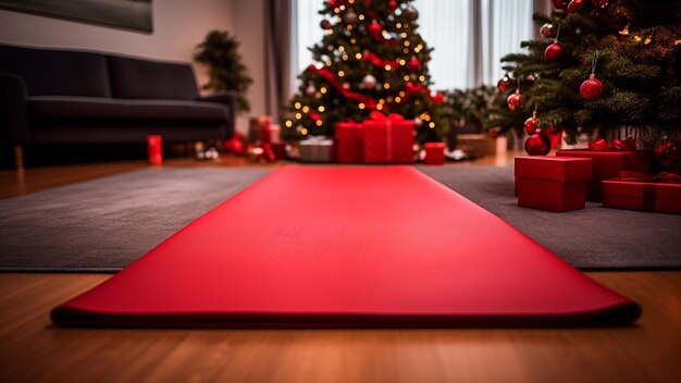 Un tapis de yoga déroulé sur un sol en bois moderne dans un grand salon à la maison décoré arbre de Noël est