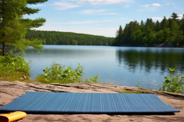 Un tapis de yoga disposé au bord d’un lac paisible