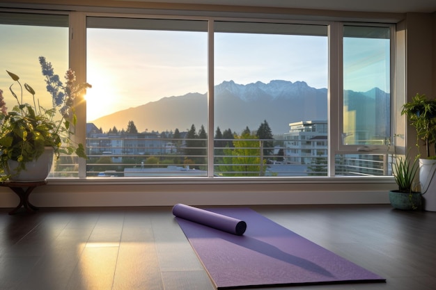 Un tapis de yoga installé à côté d'une immense fenêtre avec une vue sereine