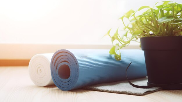 Photo un tapis de yoga et une plante sur une table