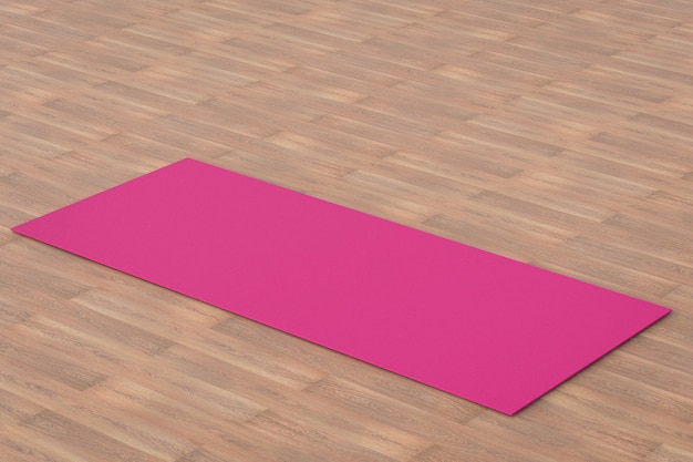 Photo tapis de yoga rose rendu 3d sur plancher en bois