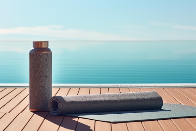 Un tapis de yoga santé minimaliste avec une bouteille d'eau et une serviette