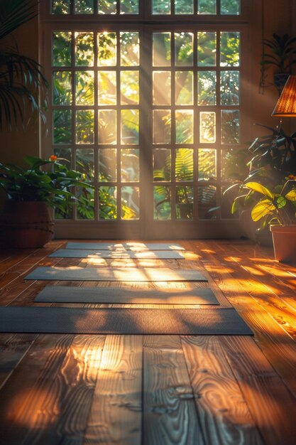 Des tapis de yoga sont étalés sur le sol en bois de la pièce Journée internationale du yoga