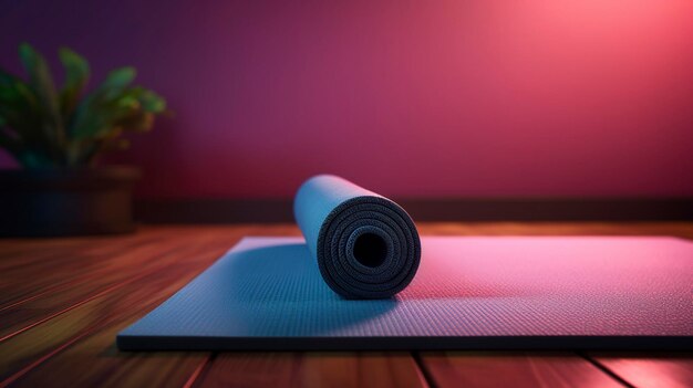 un tapis de yoga avec un tapis dessus et une plante verte en arrière-plan