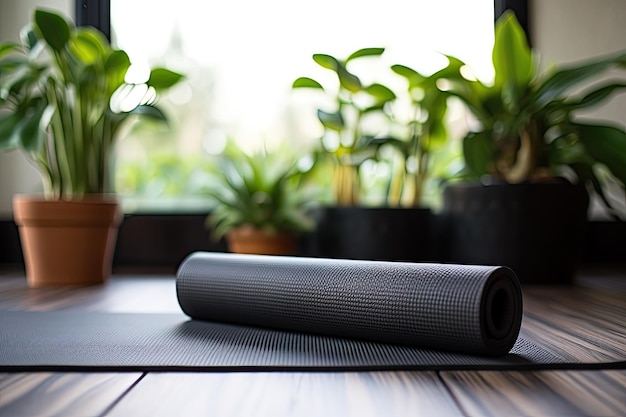 Un tapis de yoga avec un tapis noir dessus et une plante verte en arrière-plan