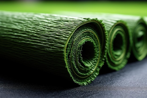 Photo un tapis de yoga vert roule sur une surface noire