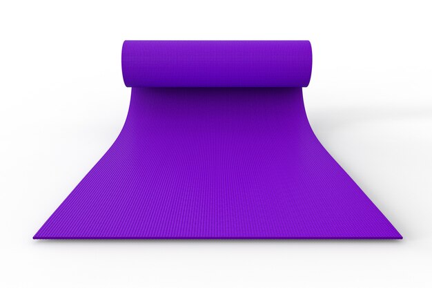 Photo tapis de yoga violet rendu 3d retrousser sur fond blanc