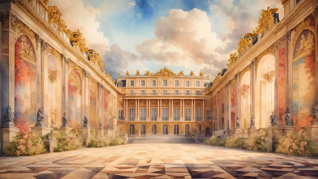 Une tapisserie complexe du château de Versailles rendue dans un style aquarelle vibrant